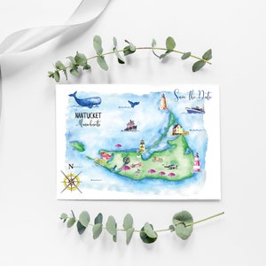 Custom Watercolor Wedding Map, Nantucket Map, Personalized Hand Drawn Wedding Map for Save the Date, Itinerary, Stationery