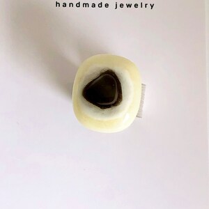 Vanilla and brown fused glass Ring on wide silver band