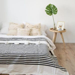 Handmade Berber Blanket, stripped, black and white 100% Cotton  Throw,  Large Boho Bedspread 280x180 cm, berber plaid
