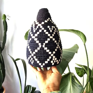 May include: A dark blue and white woven basket with a geometric pattern. The basket has a rounded base and a tapered top. The basket is held up by a person's hand. The background includes green plants and a white wall.