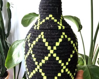 Handwoven Berber Basket Moroccan Woven Storage from natural grass and Recycled Threads, black green
