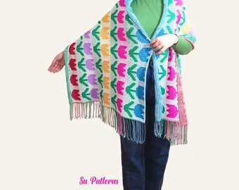 Modello per copriletto all'uncinetto con mosaico di tulipani: coperta personalizzabile, scialle (PDF)