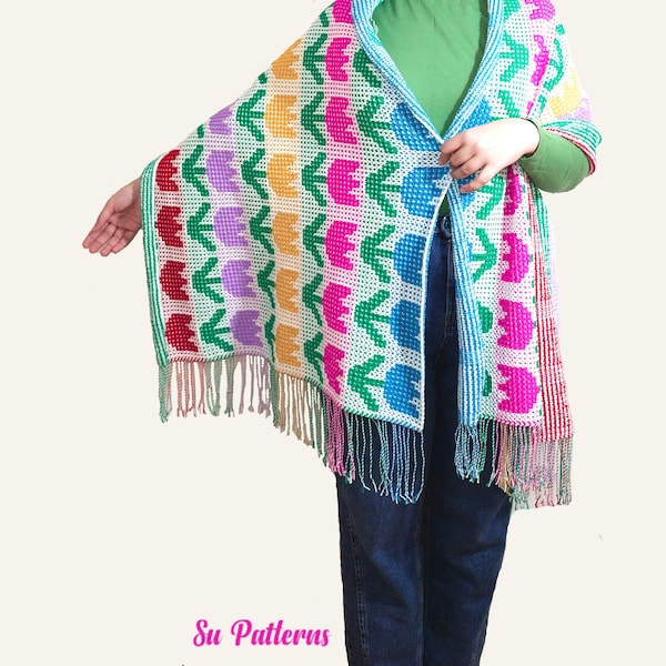 Tulip Flower Overlay Mosaic Crochet Wrap Pattern, Crochet Blanket Pattern, Crochet Shawl Pattern, Crochet Afghan Pattern, Mosaic Crochet pdf