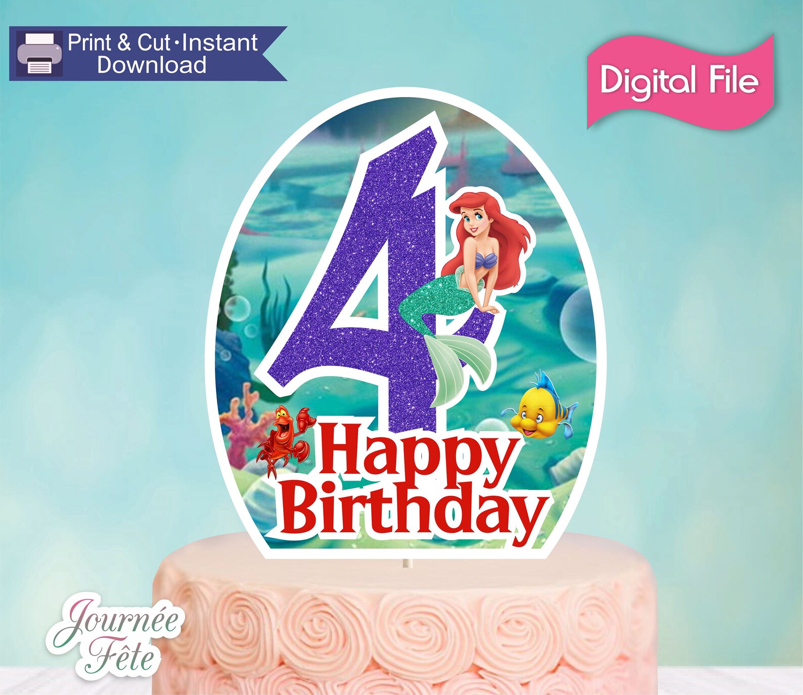 Little Mermaid DIY Printable Cake Topper Age 4 Ariel Mermaid | Etsy