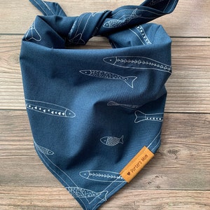 Dog Bandana - “Brooks” - Fish - Navy Blue - Handmade - Traditional Tie - Pet Accessories  - Dog