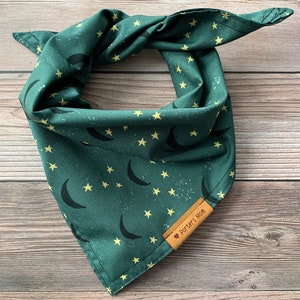 Dog Bandana - “Luna” - Pet Accessories - Green - Crescent Moon - Stars - Handmade - Traditional Tie - Dog