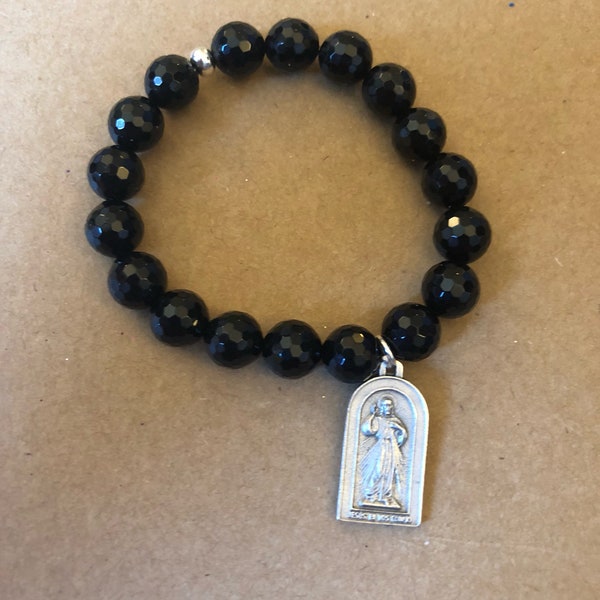 Divine Mercy/St Faustina, Faceted Black Onyx, Special (LOOSE) Fit, Single BSBC Stretch Bracelet