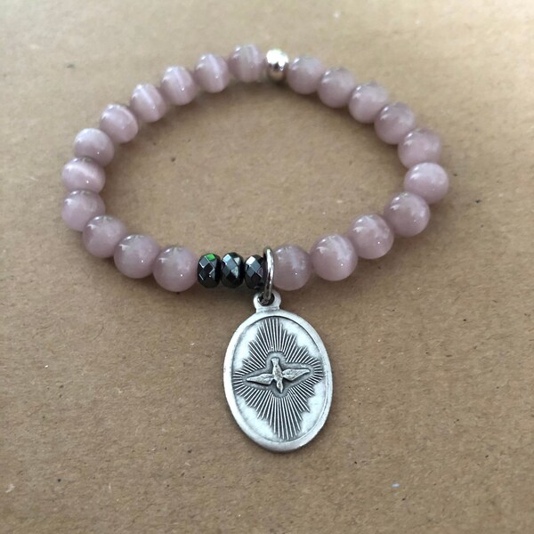 Holy Spirit (Dove), Size Change Avail, Mauve Cat Eye Beads, Catholic Stretch Bracelet