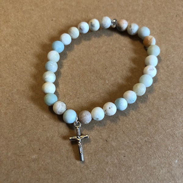 Dainty Crucifix, Standard Size, Natural Unpolished Amazonite, Single BSBC Stretch Bracelet