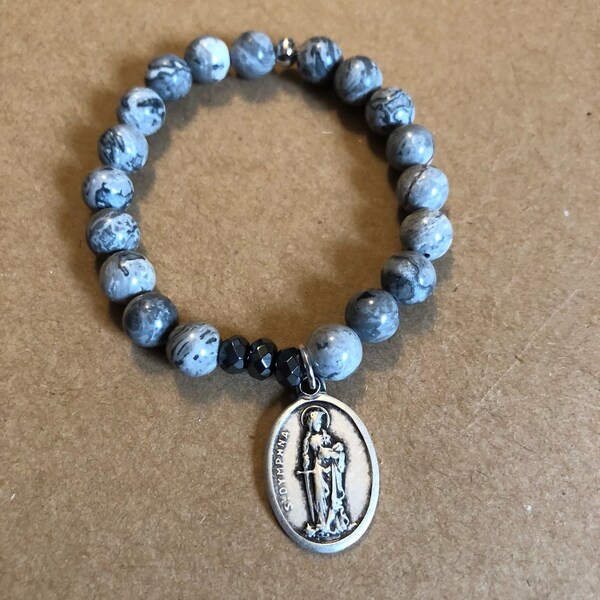 St Dymphna (Patron Against Stress/Metal Illness), Standard Size, Natural Scenery Jasper/Hematite, Single BSBC Stretch Bracelet