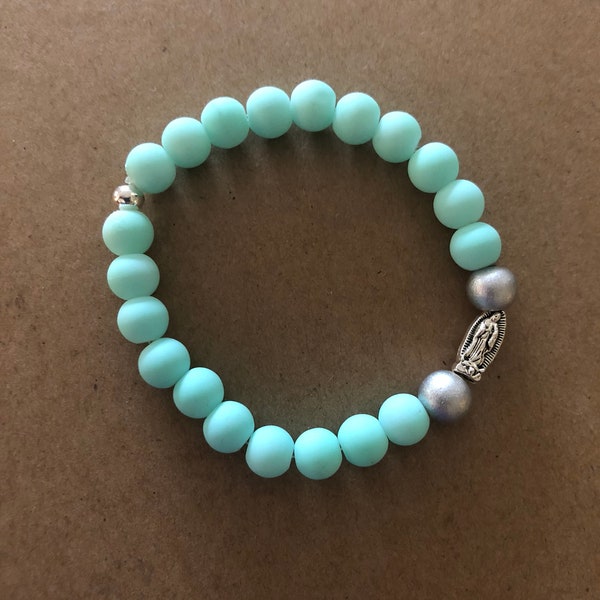 Our Lady of Guadalupe, Standard Size, Mint Glass Pearl/Metallic Wooden Beads, Single BSBC Stretch Bracelet