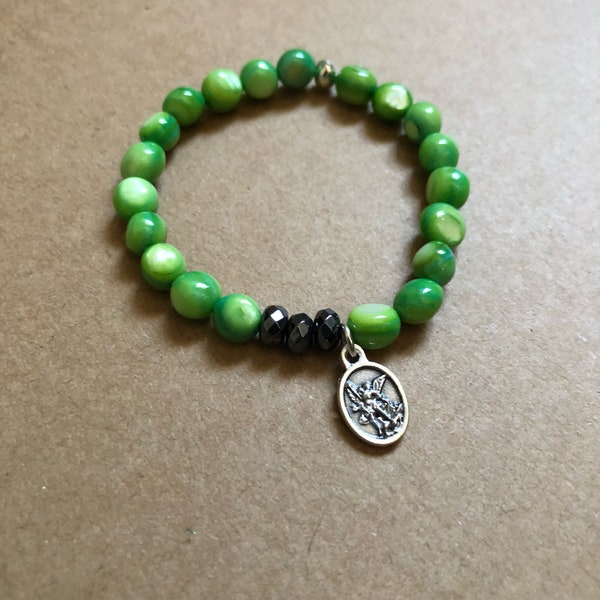 St Michael the Archangel, SPECIAL Petite/Teen Sizing, Green Pearl, Single BSBC Stretch Bracelet
