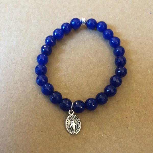 Miraculous Medal, Cobalt Blue Agate, Standard Size, Single BSBC Stretch Bracelet