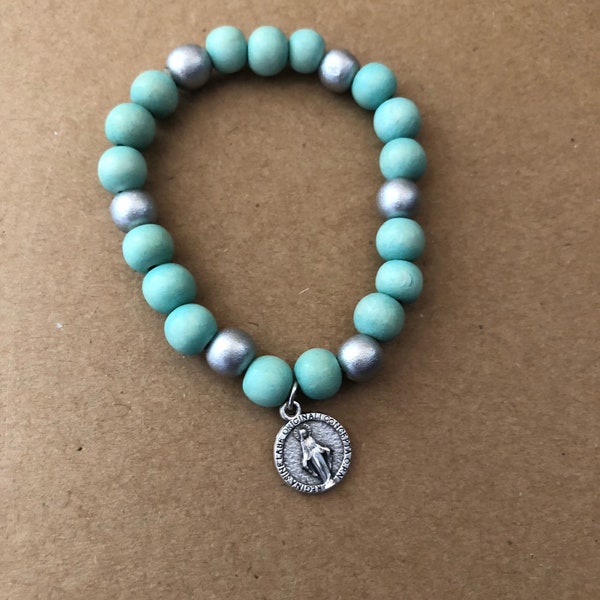 Miraculous Medal, Standard Size, Silver/Mint Green Wooden Beads, Single BSBC Stretch Bracelet