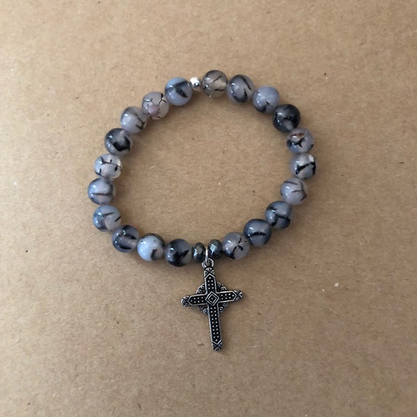 Ornate Cross, Hematite/Black Dragon Vein Agate, Standard Size, Single BSBC Stretch Bracelet