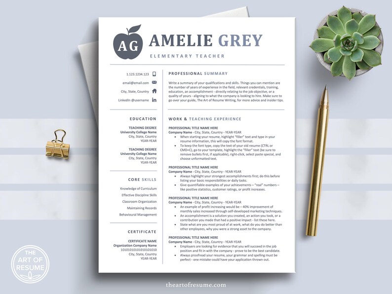 The Art of Resume | Professional Modern Executive Teacher Resume CV Template Bundle Maker with Free Cover Letter | Download Educator Resume CV Design Any Job Career Principal Teaching