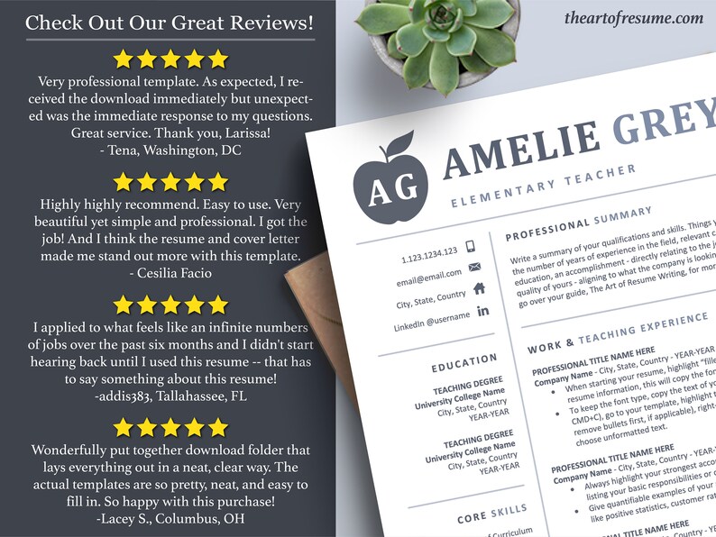 The Art of Resume Templates |  Creative  Teacher Blue Grey Resume CV Templates Online 5-Star Reviews