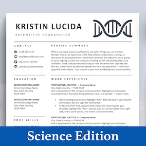 May include: A blue and white resume template with the text "Science Edition" at the bottom. The template is designed for a scientific researcher and includes sections for contact information, profile summary, education, work experience, and core skills.