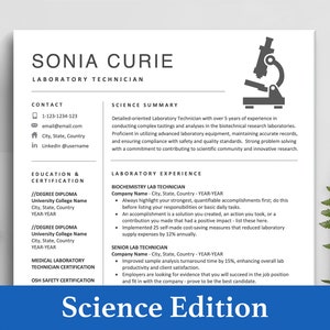 Science Resume Template, Data Scientist Resume, CV Template, Lab Tech Resume, Lab Assistant Resume, Scientific CV, Biochemist Student Resume