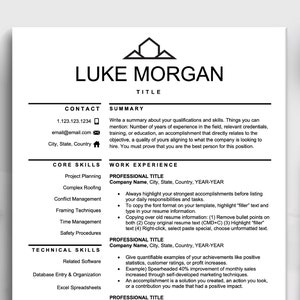May include: A black and white resume template with a house icon at the top. The resume is for Luke Morgan and includes sections for contact information, core skills, technical skills, summary, and work experience.