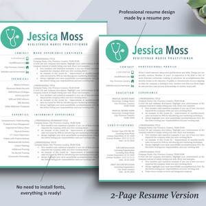 May include: A two-page resume template designed for a registered nurse practitioner. The template features a teal stethoscope icon and the text "Jessica Moss, Registered Nurse Practitioner". The resume includes sections for contact information, professional profile, work experience, education, certifications, and internship experience. The text "No need to install fonts, everything is ready!" appears at the bottom of the first page. The text "2-Page Resume Version" appears at the bottom of the second page.