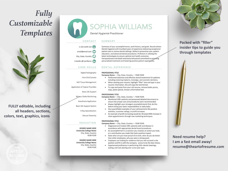 The Art of Resume | Professional Teal Dental Hygienist Dentist Resume Template Design Bundle | 1 Page Resume CV Format