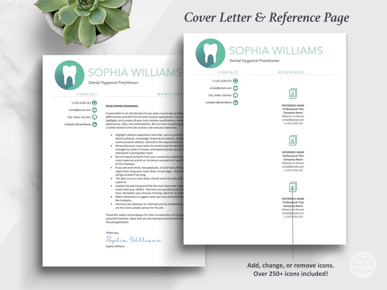 The Art of Resume | Professional Teal Dental Hygienist Dentist Cover Letter and Reference Page