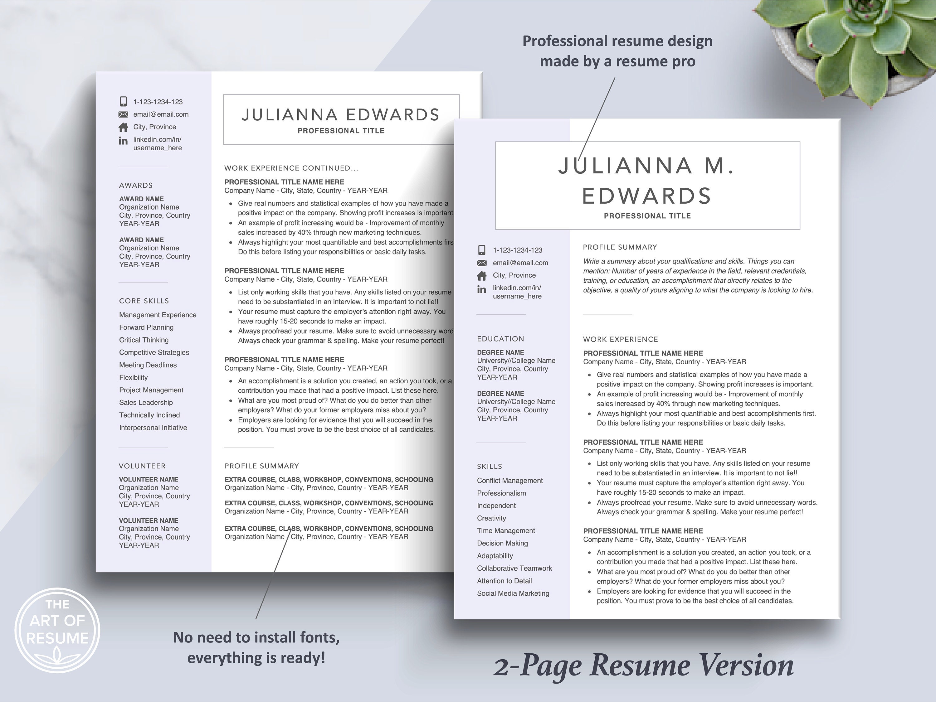 Executive Resume Template Download, Modern Resume, Resume CV for Word ...