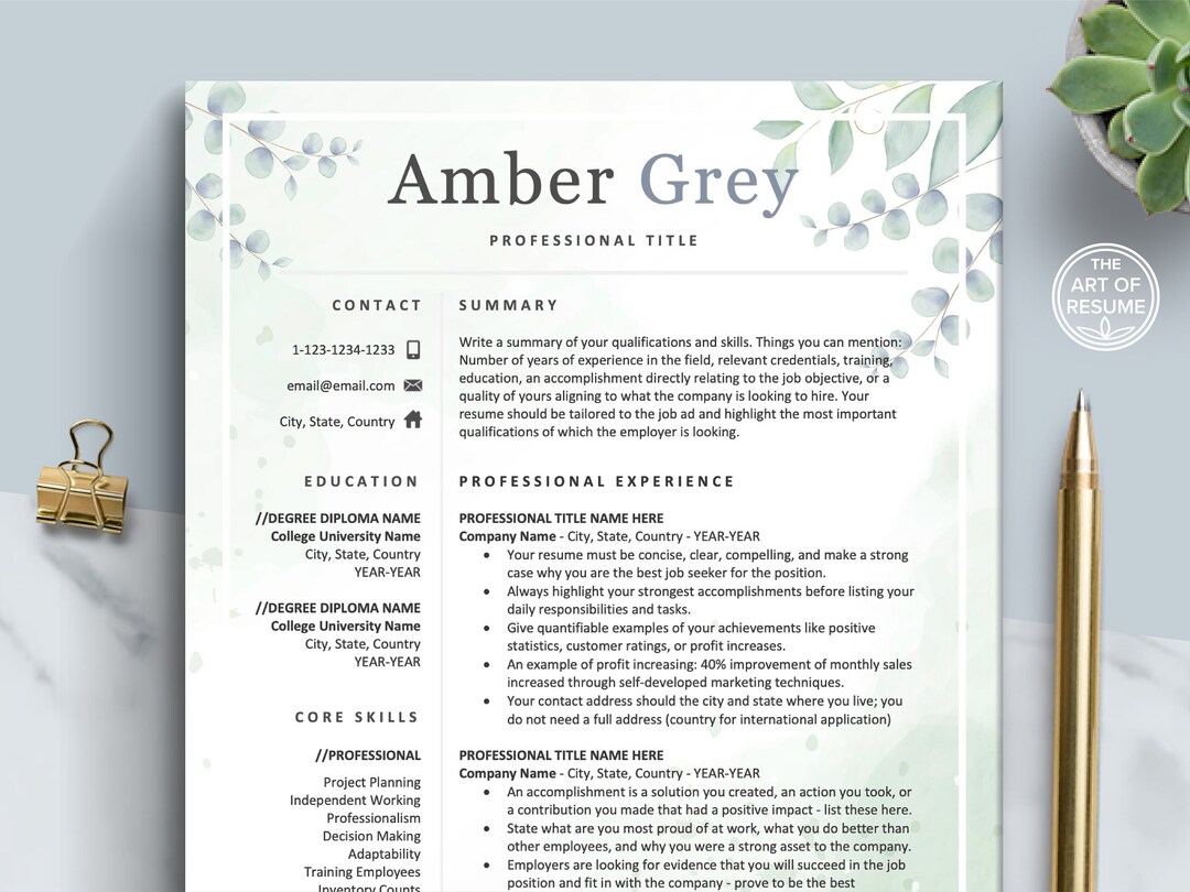 Creative Resume Template, Resume CV Template, Floral Resume, Elegant ...