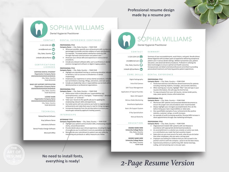 The Art of Resume | Professional Teal Dental Hygienist Dentist Resume Template Design Bundle | 2 Page Resume CV Format
