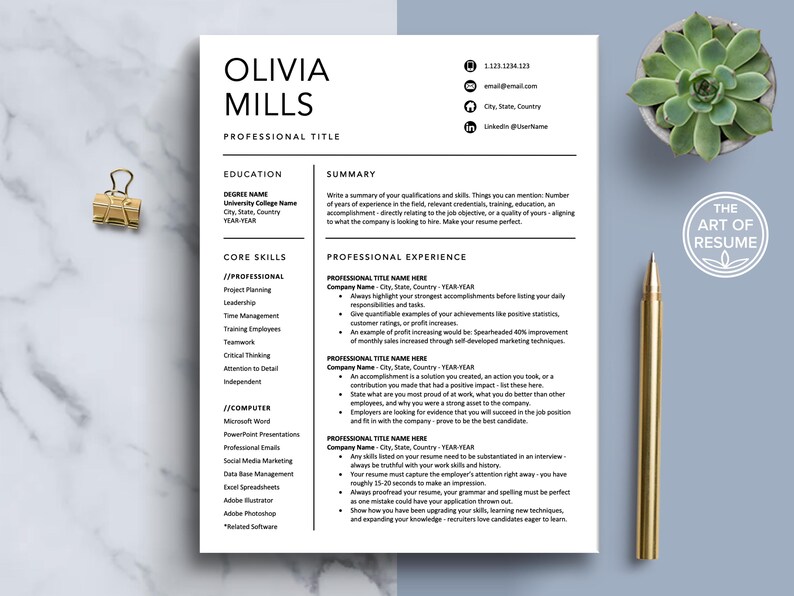 The Art of Resume | Professional Modern Executive Resume CV Template Bundle Maker with Free Cover Letter | Download Resume CV Design Any Job Career