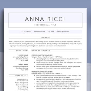 Op de afbeelding: Een cv-sjabloon met een modern ontwerp. De sjabloon heeft een schone lay-out met een zwart-wit kleurenschema. De tekst bevat de naam "Anna Ricci", "Professionele titel", "Samenvatting", "Opleiding", "Werkervaring" en "Kernvaardigheden".