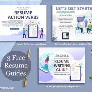 May include: Three free resume guides: "The Ultimate Guide to Resume Action Verbs", "Let's Get Started - Your Resume Bundle Manual", and "How to Write a Successful Resume - Resume Writing Guide". Each guide features a cartoon illustration of people working on resumes.
