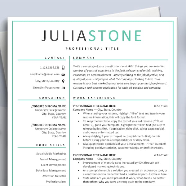 Professional Resume Templates, Printable Teal Resume CV Design, Resume 1,2, 3-Page Format Hr Admin, Business, Marketing, HR, IT, Word, Pages