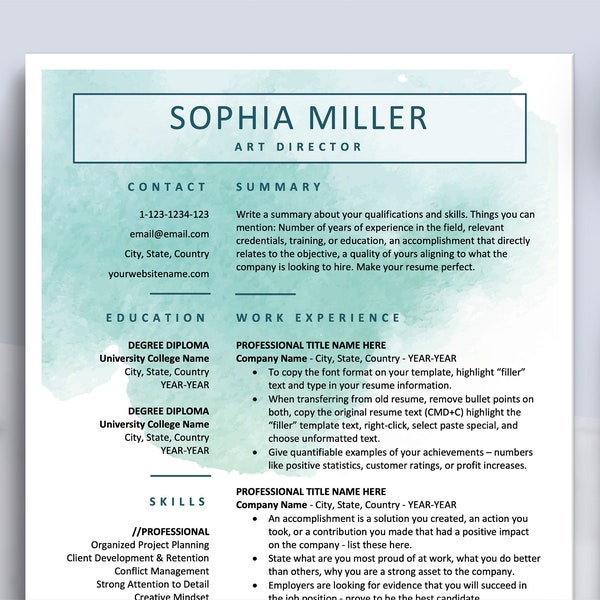 Creative CV Template for Word & Pages | Teal Resume Design | Resume Template for Artist, Resume and Cover Letter, Watercolor Template Design