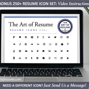 May include: A laptop screen displaying a collection of resume icons. The text on the screen reads "The Art of Resume" and "Resume Icons 250+". The screen also includes a logo for "The Art of Resume".