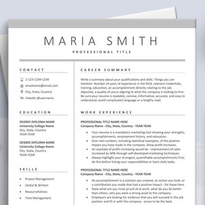 May include: A grey and white resume template with the name Maria Smith and the title "Professional Title" at the top. The resume includes sections for contact information, education, skills, career summary, and work experience. The resume is designed to be visually appealing and easy to read.