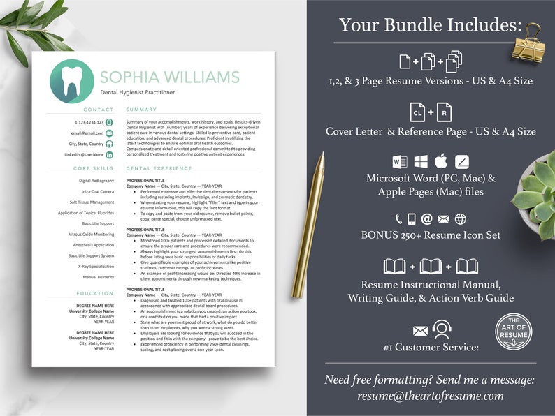 The Art of Resume | Professional Teal Dental Hygienist Dentist Resume Template Design Bundle | What is included