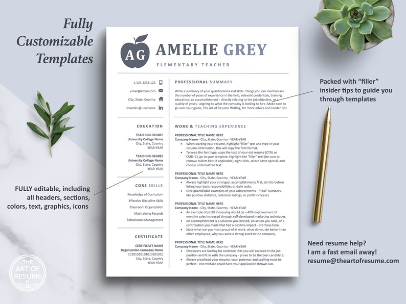 The Art of Resume Templates | One Page  Teacher Blue Grey Resume CV Design Template Maker | Curriculum Vitae