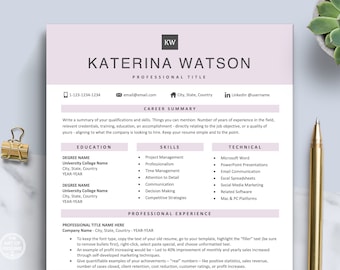 Simple Pink Resume Download for Word, Mac Pages | Rose Resume CV Template Builder with Cover Letter | Resume for Job, Office, Student, Temp