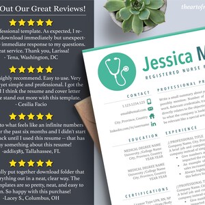 May include: A teal and white resume template for a registered nurse practitioner. The template features a professional profile section, contact information, education, experience, and certifications. The template also includes a section for testimonials and reviews.