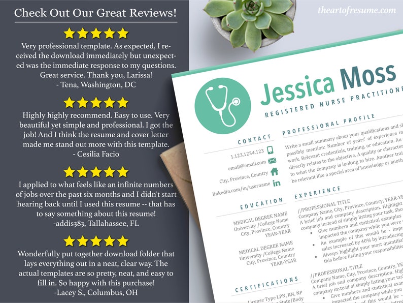 May include: A teal and white resume template for a registered nurse practitioner. The template features a professional profile section, contact information, education, experience, and certifications. The template also includes a section for testimonials and reviews.