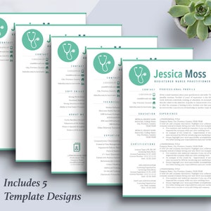 May include: Five different resume templates for registered nurses. Each template features a green stethoscope icon and the text "The Art of Resume".