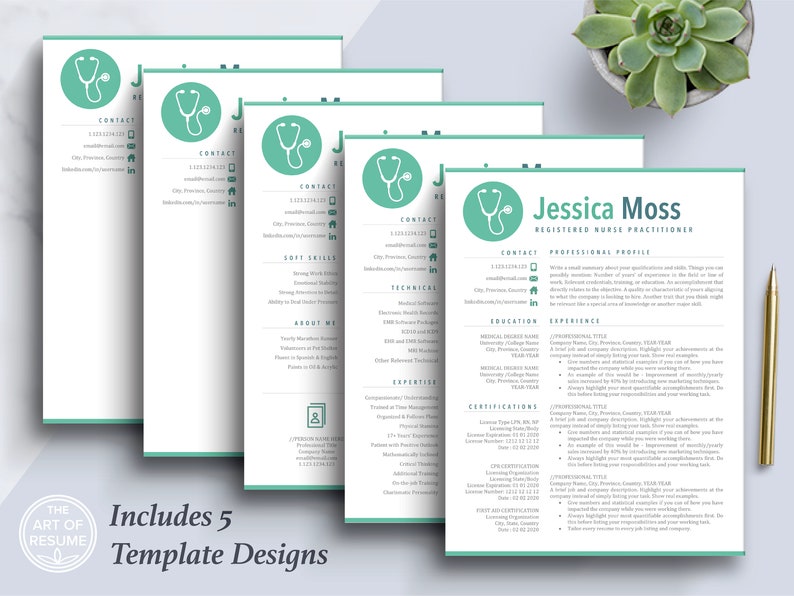May include: Five different resume templates for registered nurses. Each template features a green stethoscope icon and the text "The Art of Resume".