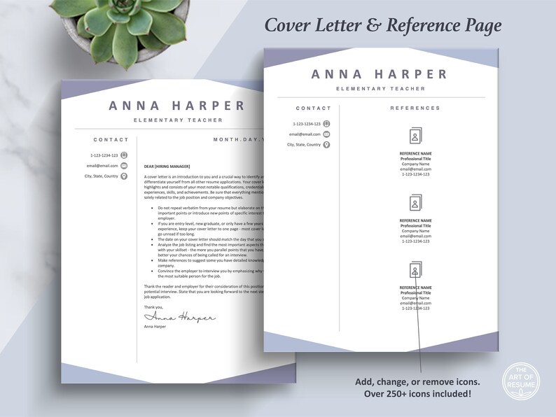 Pode incluir: Um modelo de curr&iacute;culo de duas p&aacute;ginas com um design em roxo claro e branco. A p&aacute;gina esquerda &eacute; uma carta de apresenta&ccedil;&atilde;o e a p&aacute;gina direita &eacute; uma p&aacute;gina de refer&ecirc;ncia. O texto inclui o nome "ANNA HARPER" e o t&iacute;tulo "ELEMENTARY TEACHER".