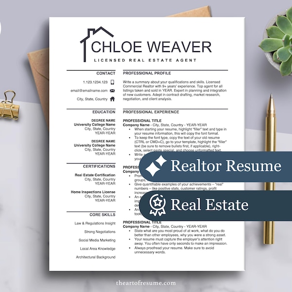 Realtor Resume Template for Word, Apple Pages | Real Estate Agent CV Design | Resumes Home Developer | Interior Design Resume Cover Letter