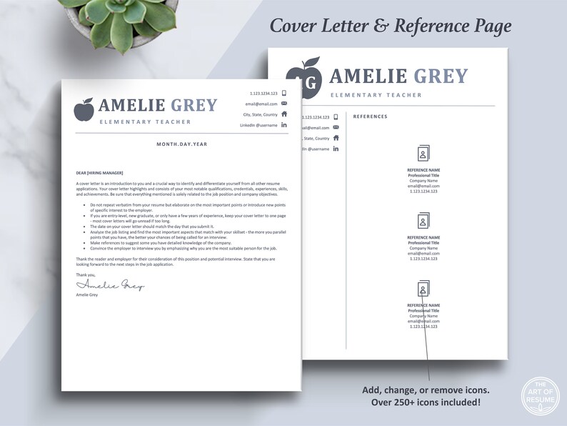 The Art of Resume Templates |  Creative Teacher Blue Grey Cover Letter and Reference Page Design Templates Instant Download