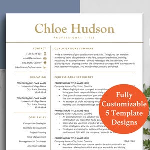 Peut inclure: Un modèle de CV avec un schéma de couleurs or et blanc. Le modèle comprend des sections pour les coordonnées, la formation, les compétences clés, le résumé des qualifications et l'expérience professionnelle. Le texte "Entièrement personnalisable 5 modèles de conception" est dans un cercle rouge.