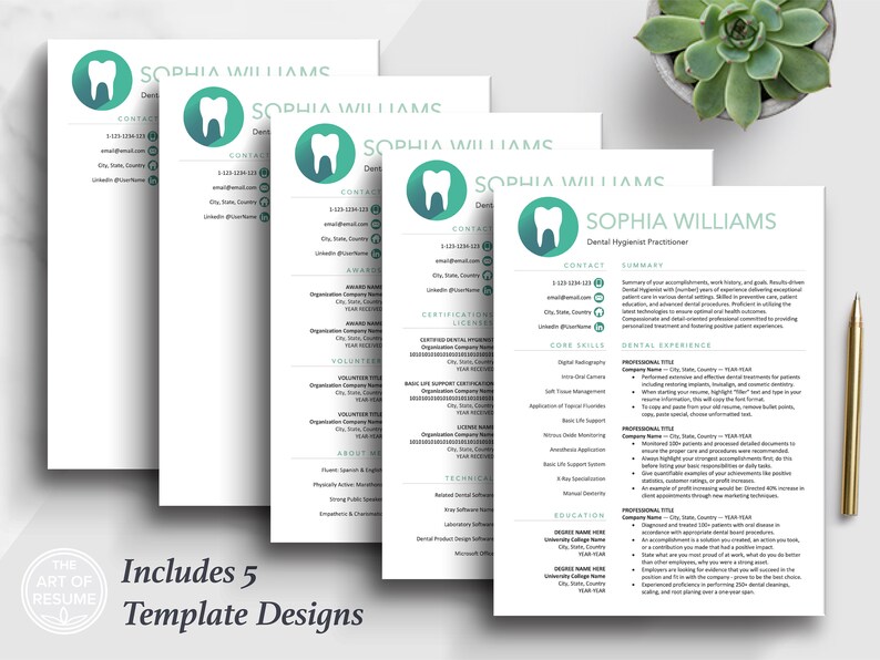 The Art of Resume | Professional Teal Dental Hygienist Dentist Resume Template Design Bundle | 5 Page Resume Bundle