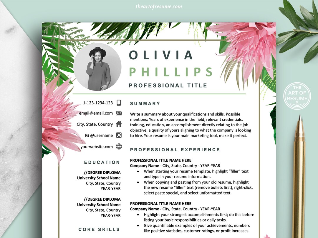 Floral Resume Template Bundle Creative Modern CV Design Instant Floral Resume Template Bundle Creative Modern CV Design Instant